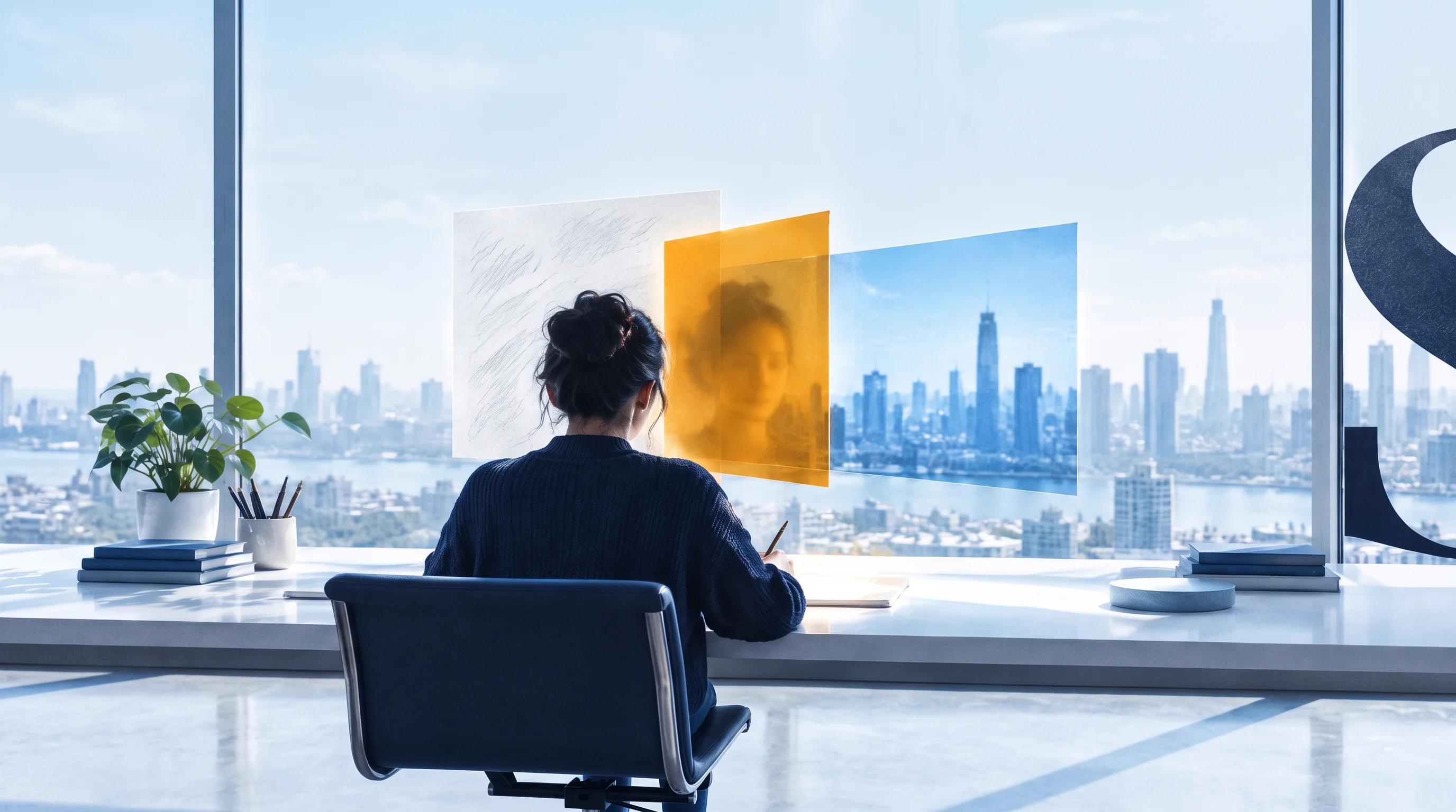 A woman seen from behind at a long white desk, writing, before a tall window over a pale blue city; three translucent panes float beside her: a pencil-sketch sheet, an amber film, and a blue photograph of the skyline.